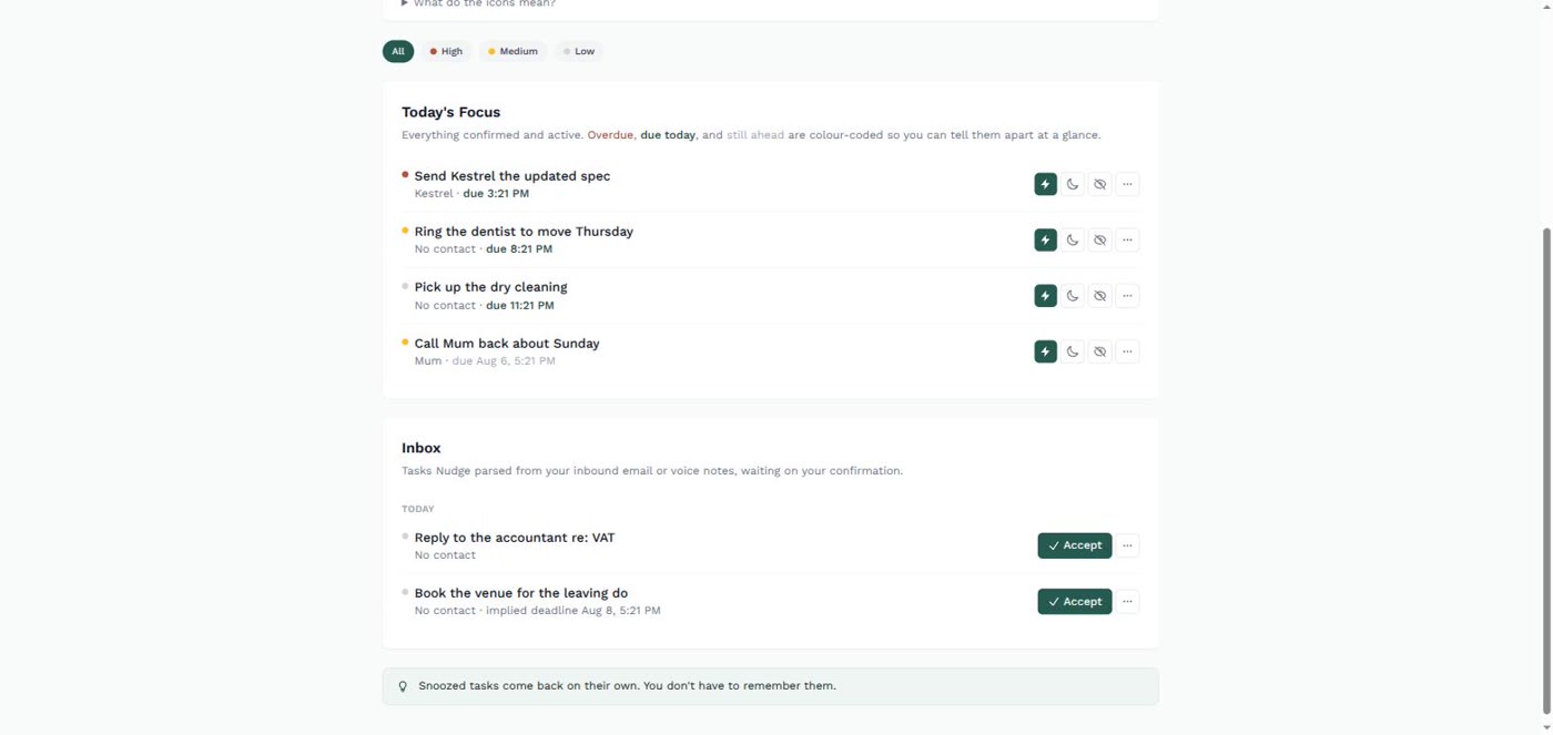 Nudge's main list, showing everyday tasks grouped by when they're due