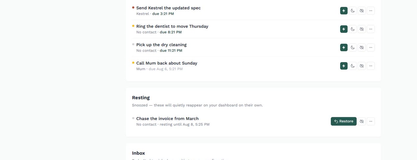 Nudge's Everything view, showing a task resting (snoozed) until it quietly reappears